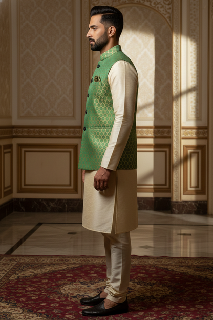 Men’s Green Nehru Jacket with Golden Touch Work | Ethnic Waistcoat for Wedding, Festive & Party Wear | Sleeveless Jacket