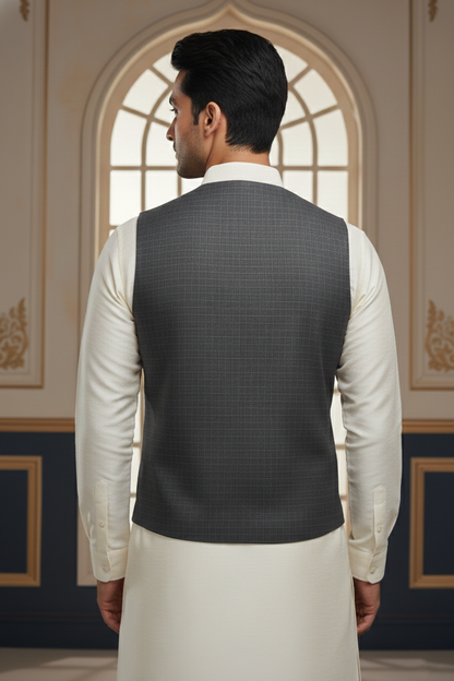 Men’s Grey Jacquard Silk Waistcoat with Notch Lapel | Slim Fit Festive Vest