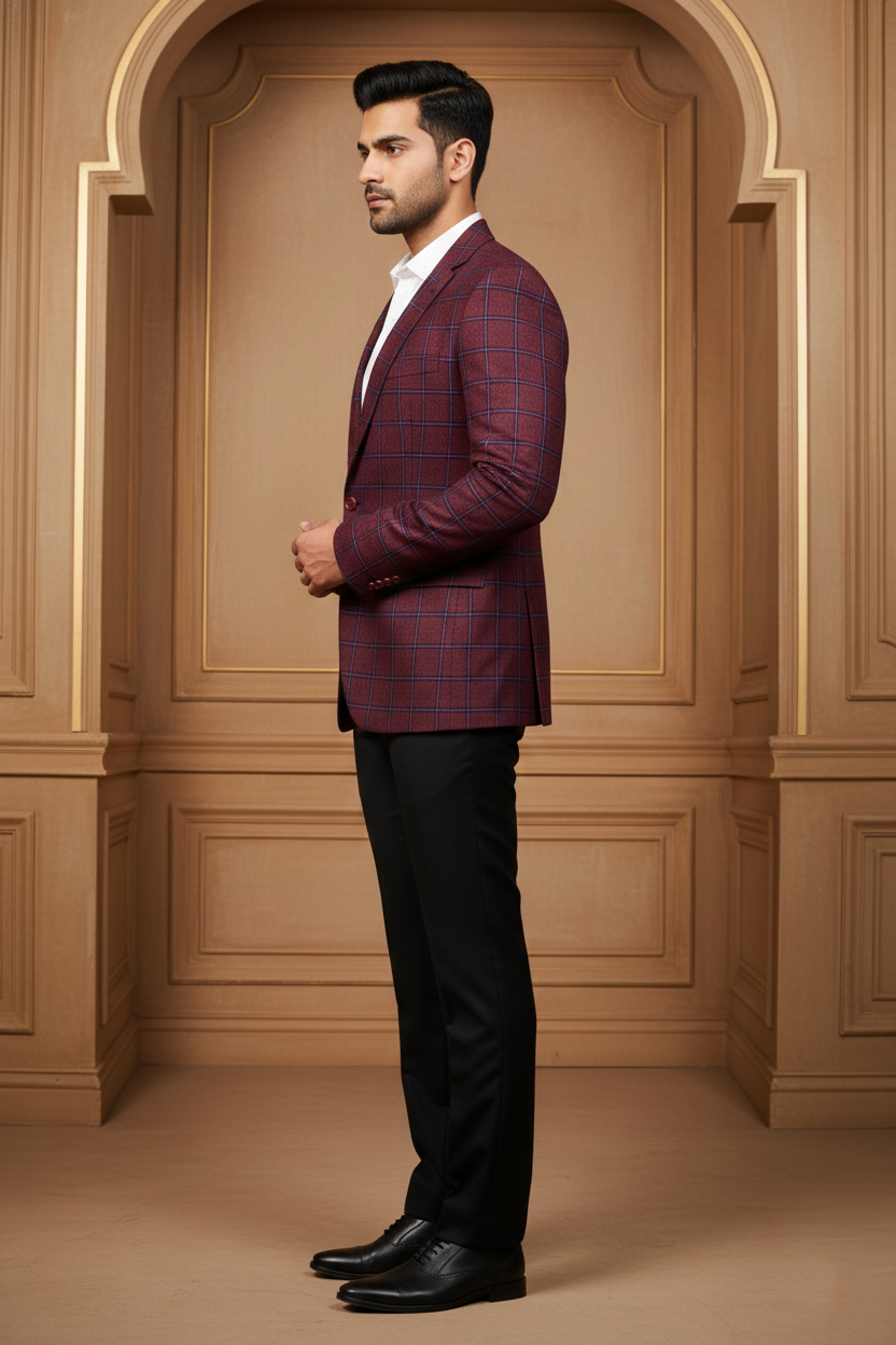 Men's Maroon & Navy Checkered Jacquard Blazer