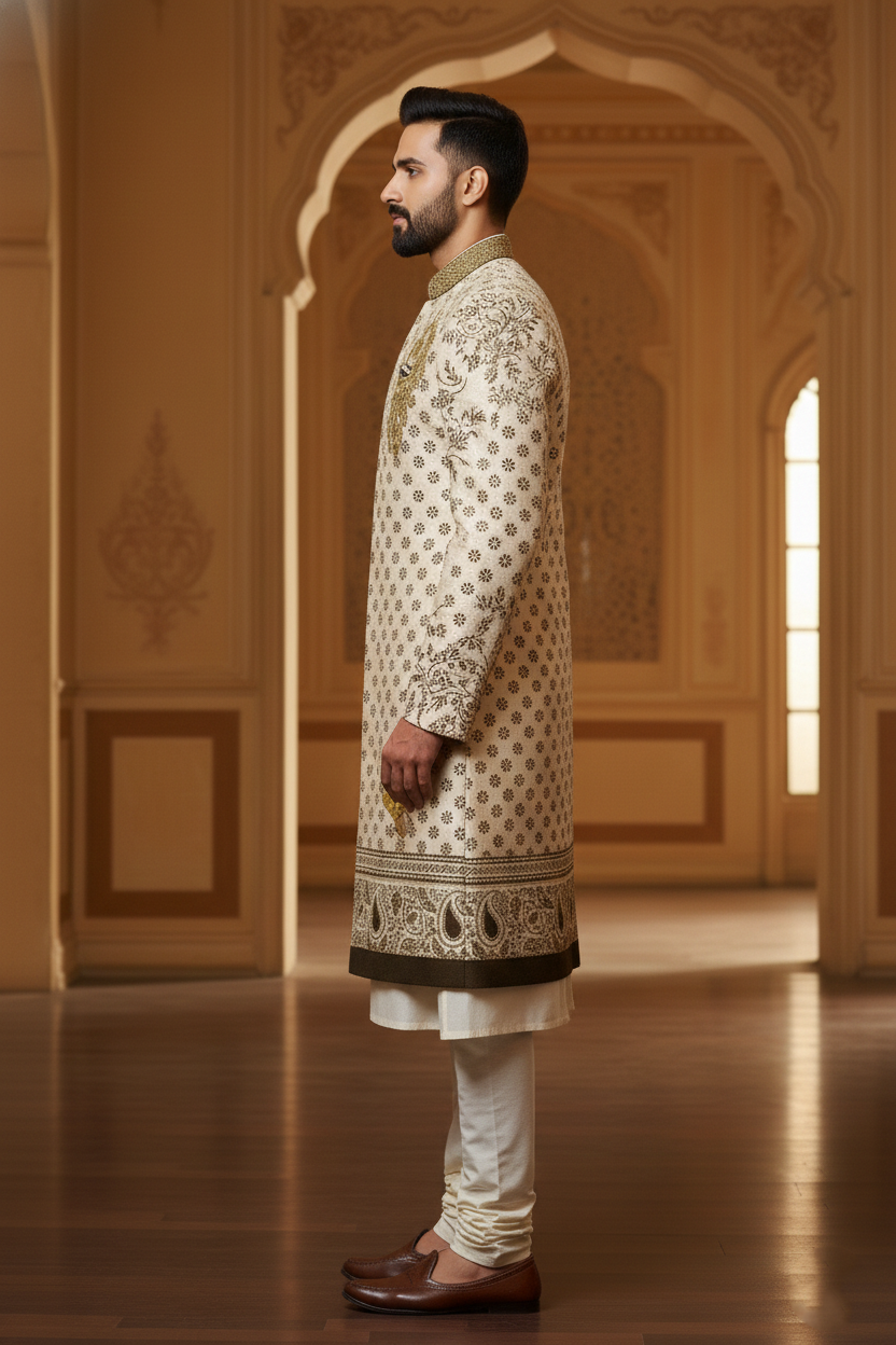 Cream Sherwani with Gold Embroidery