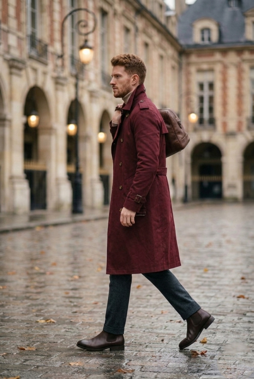 Men's Burgundy Double-Breasted Long Trench Coat