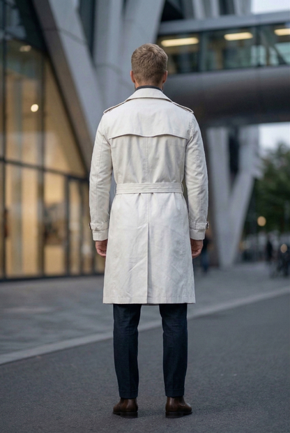 Men'sSlim-Fit Double-Breasted Long Trench Coat in Off-White