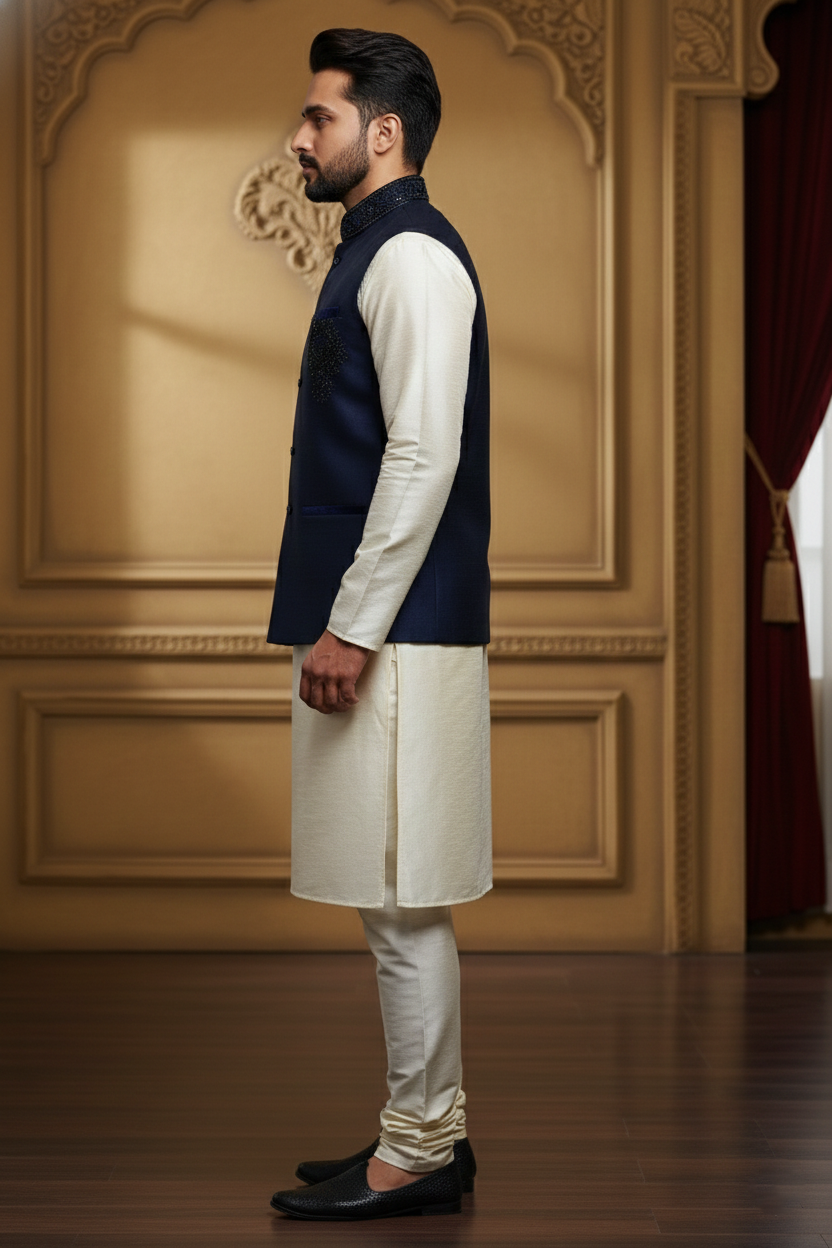 Men’s Dark Blue Nehru Jacket with Elegant Work | Ethnic Waistcoat