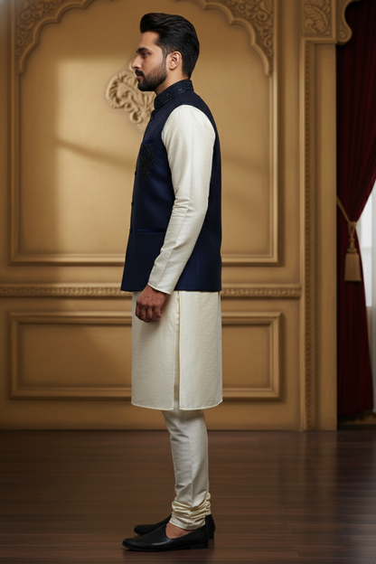 Men’s Dark Blue Nehru Jacket with Elegant Work | Ethnic Waistcoat