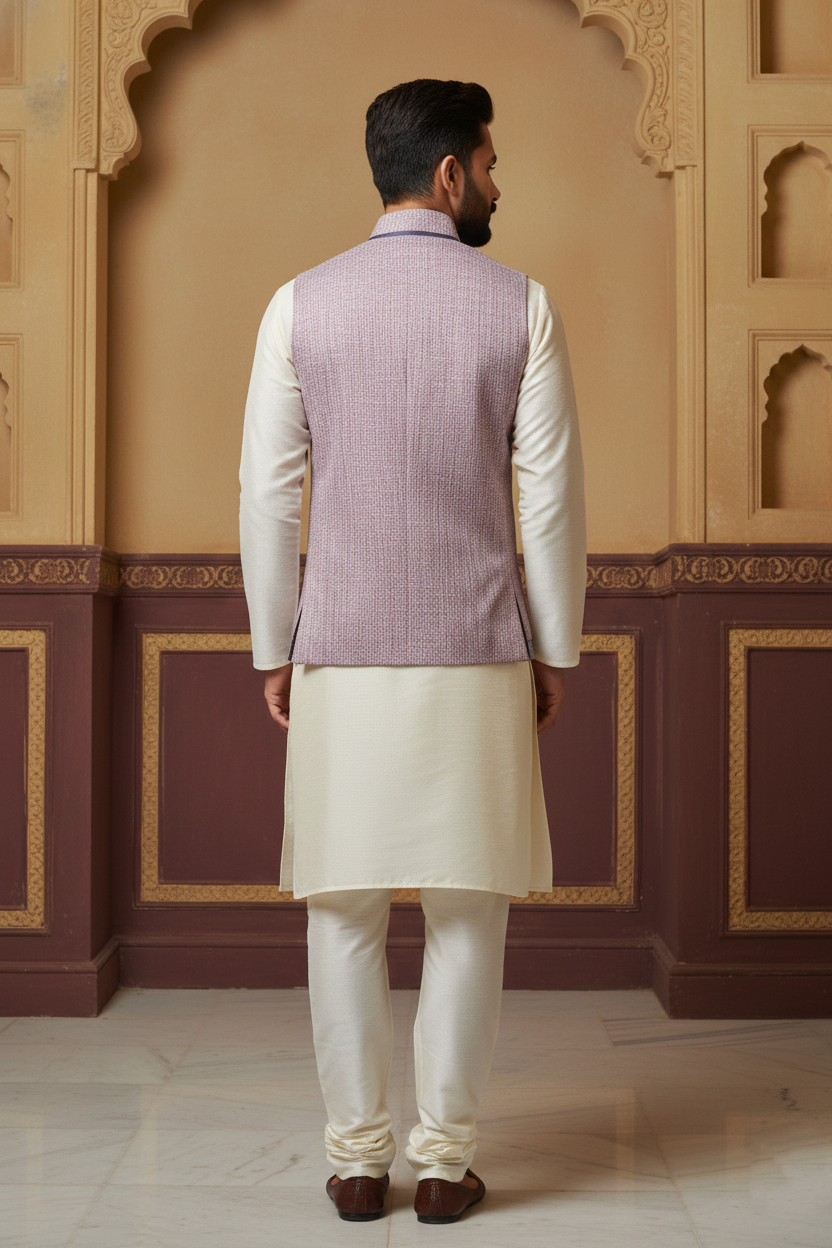 Men's Mauve Textured Nehru Jacket – Designer Curved "U" Cut Ethnic Waistcoat | Slim Fit Modi Jacket for Weddings & Festivals