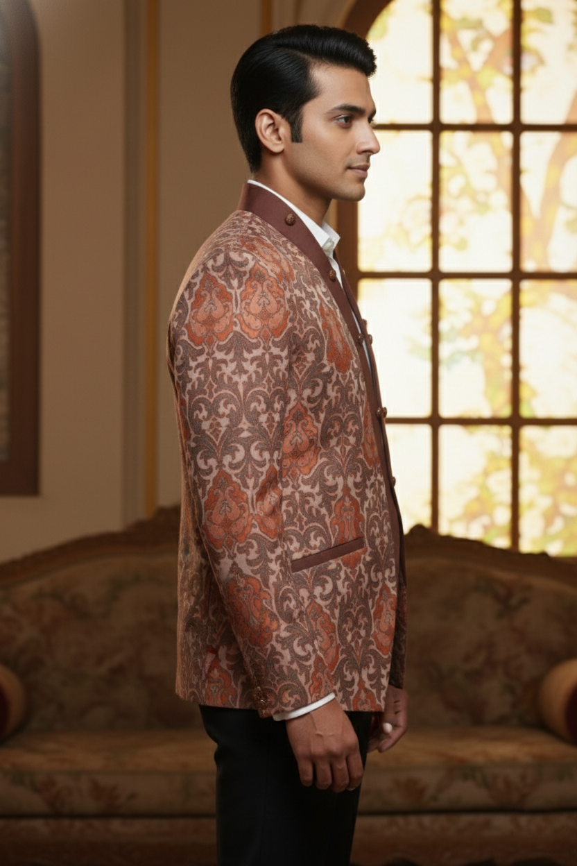 Regal Vine Motif , Ornate Double-Breasted Blazer