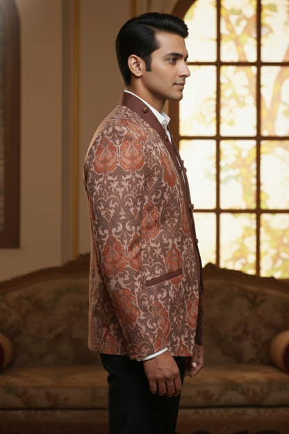 Regal Vine Motif , Ornate Double-Breasted Blazer