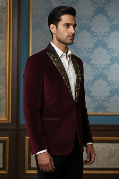 Men'sMaroon Velvet Embellished Blazer