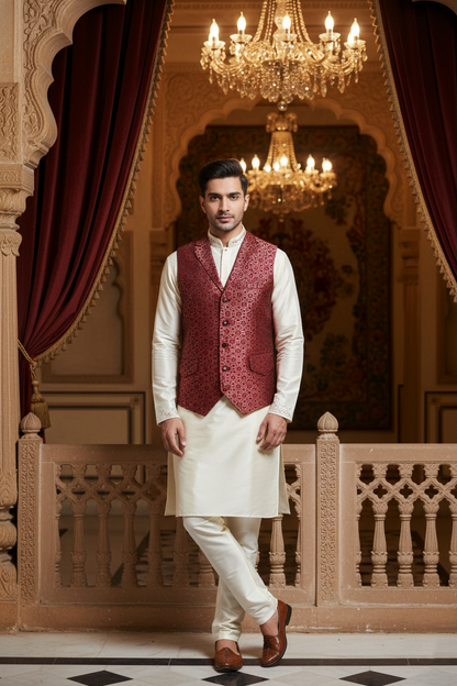 Men's Crimson Red Jacquard Nehru Jacket – Designer Geometric Printed Waistcoat with Notched Lapel and Utility Pockets
