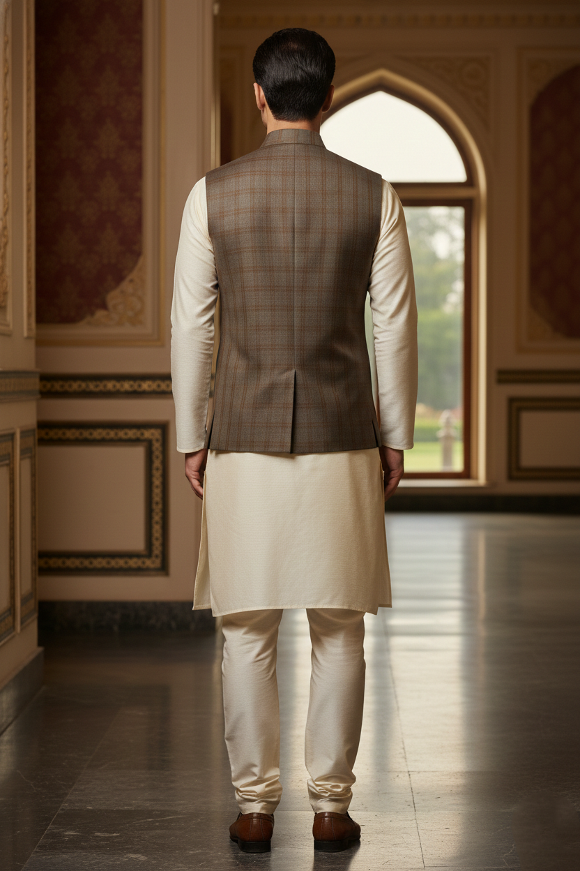 Men's Brown Windowpane Check Nehru Jacket – Classic Slim Fit Ethnic Waistcoat for Weddings & Formal Events