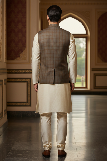 Men's Brown Windowpane Check Nehru Jacket – Classic Slim Fit Ethnic Waistcoat for Weddings & Formal Events