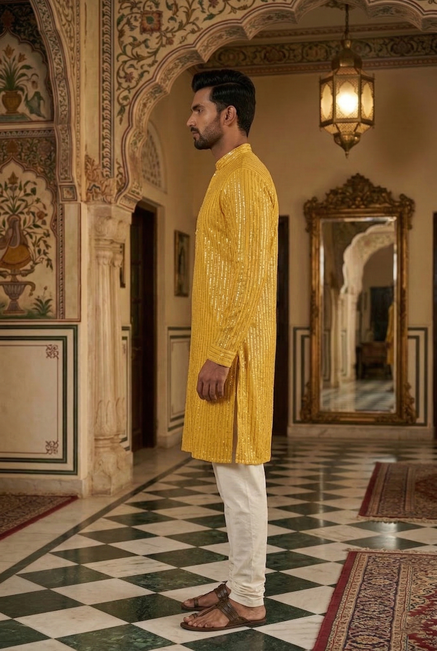 Men's Mustard Yellow Sequin Designer Kurta Pajama