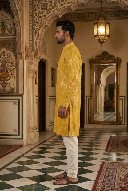 Men's Mustard Yellow Sequin Designer Kurta Pajama