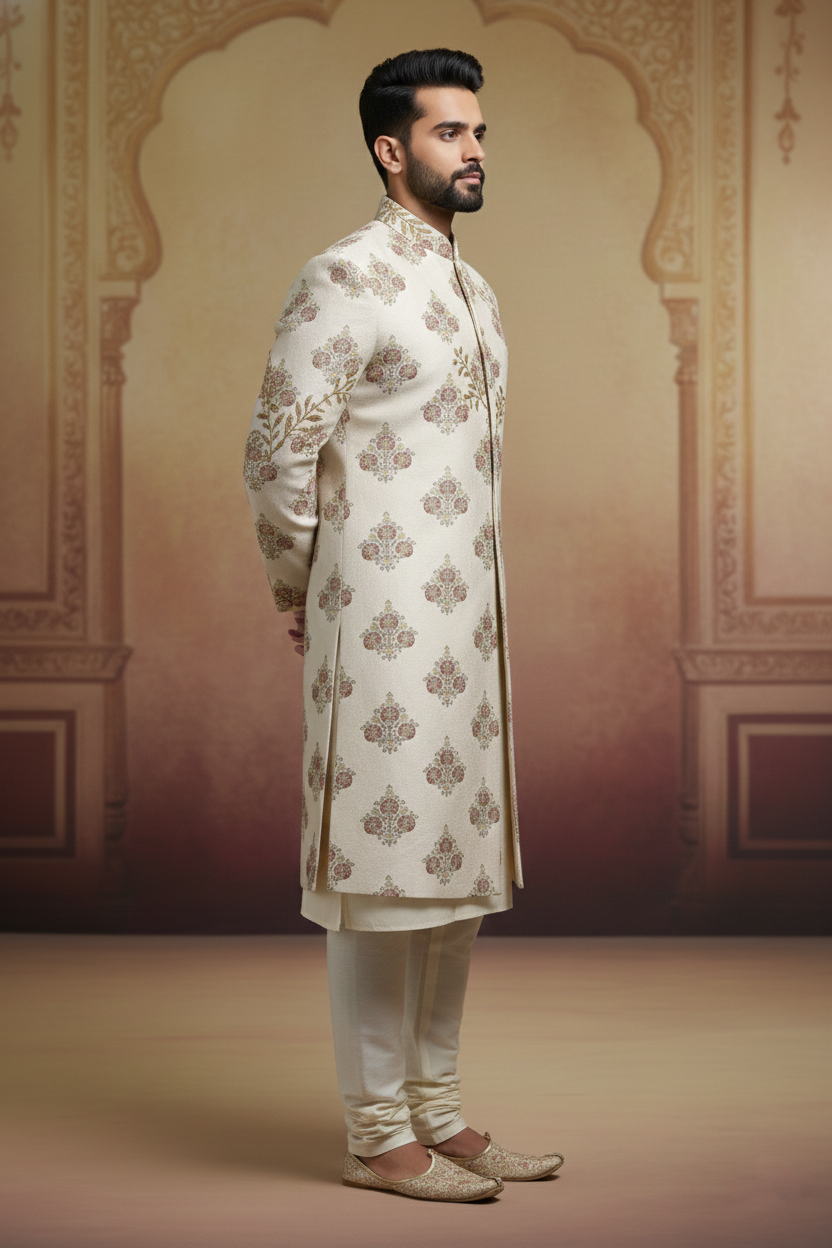 Cream Sherwani with Gold & Maroon Embroidery