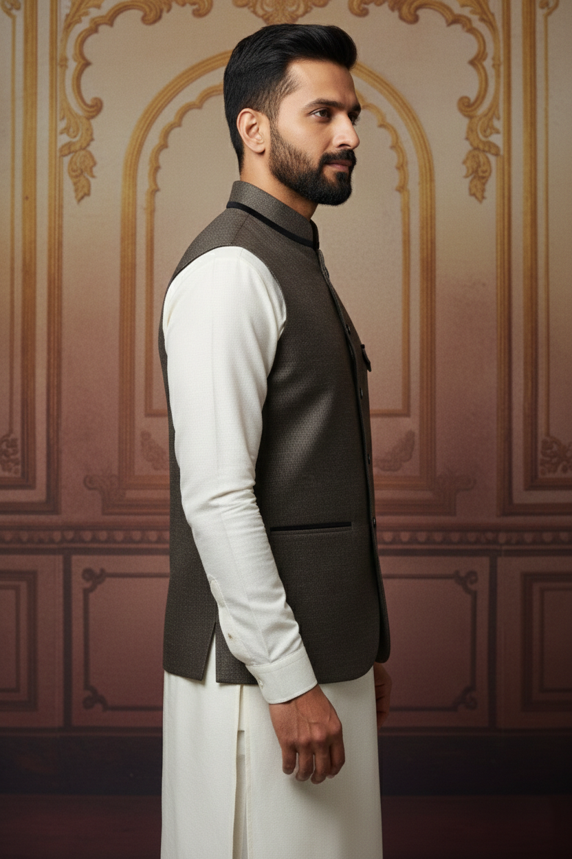 Dark Brown Waistcoat with Cream Kurta Set