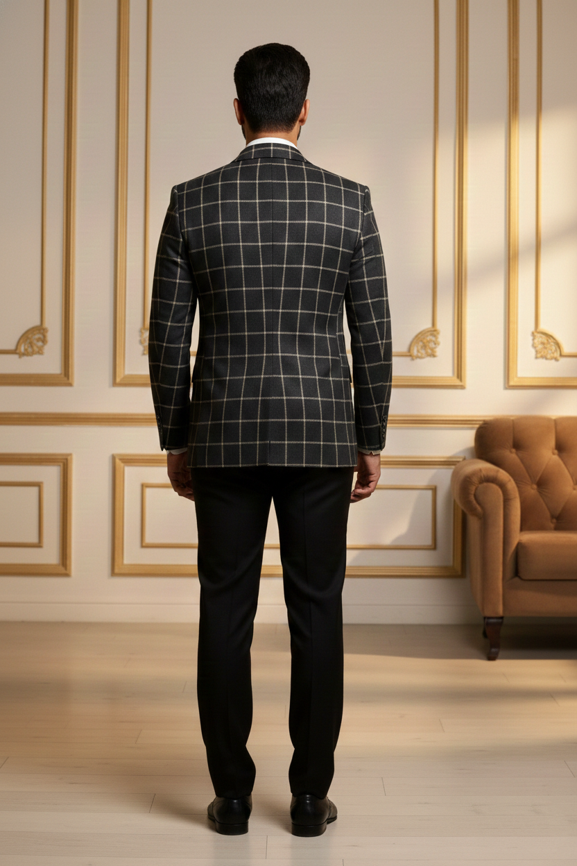 Men's Charcoal Grey Windowpane Check Slim-Fit Blazer