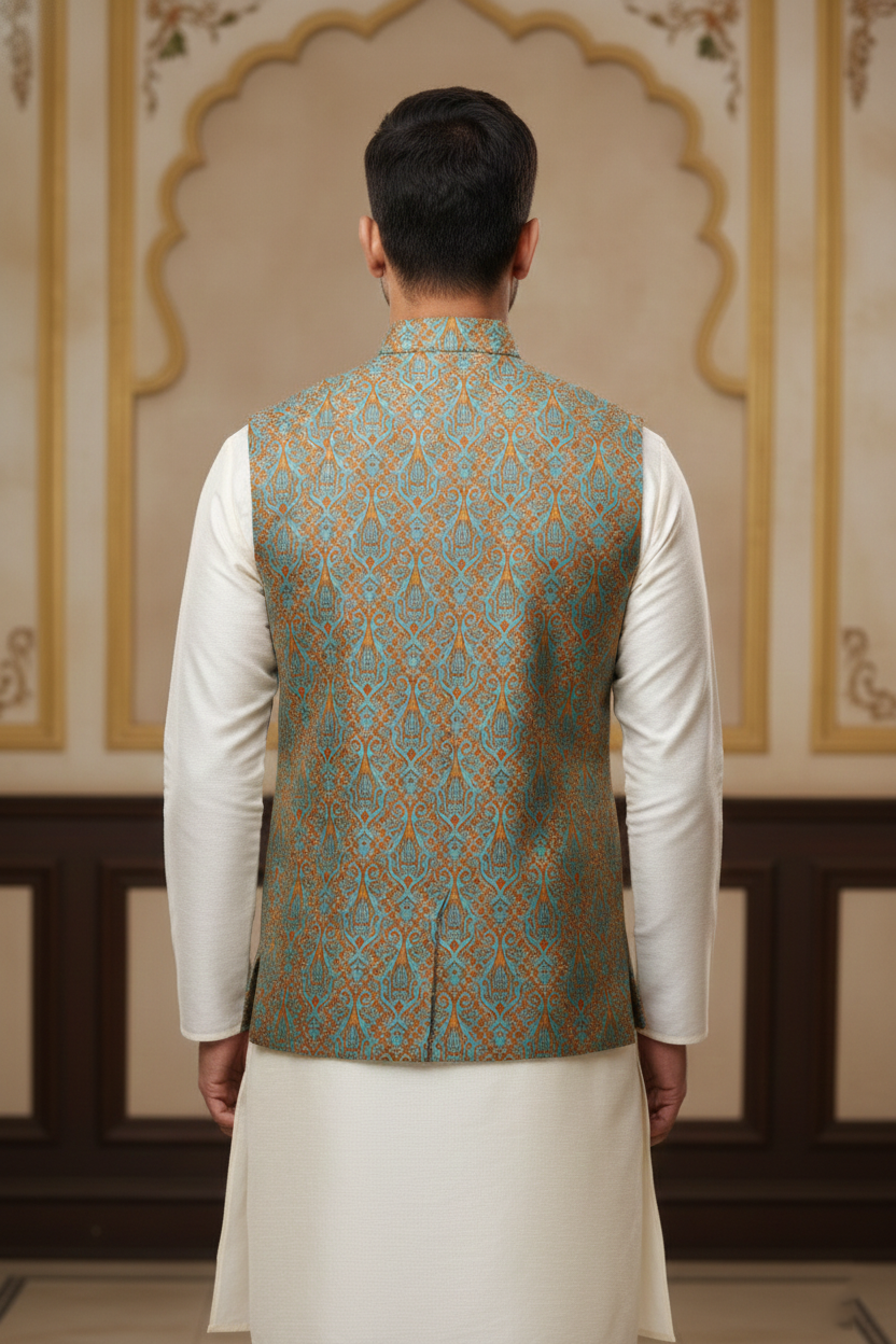 Men’s Teal Printed Nehru Jacket with Ivory Kurta