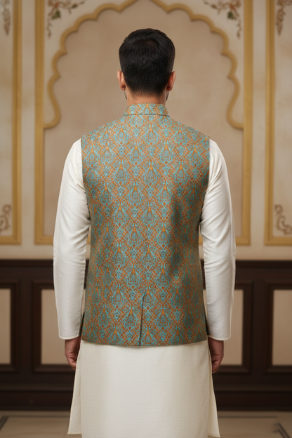 Men’s Teal Printed Nehru Jacket with Ivory Kurta