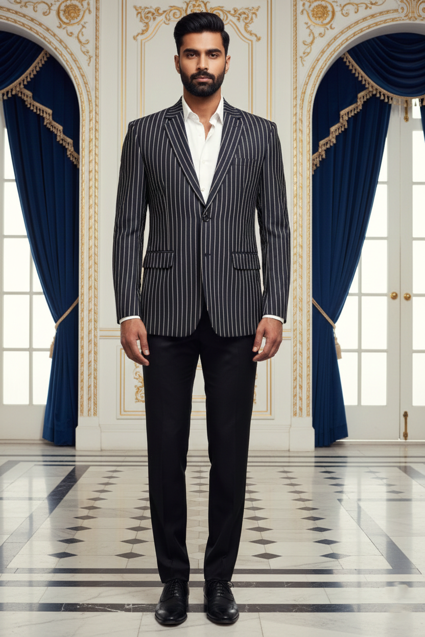 Premium Men'sBlack Pinstripe Jacquard Blazer