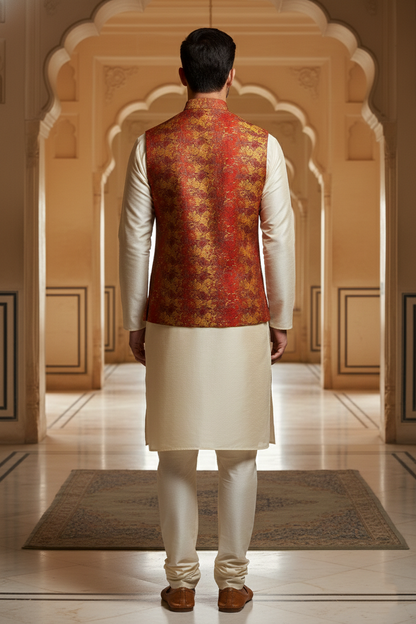Men’s Red Printed Nehru Jacket Kurta Pajama