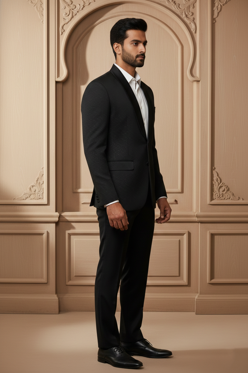 Black Textured Satin Shawl  Tuxedo