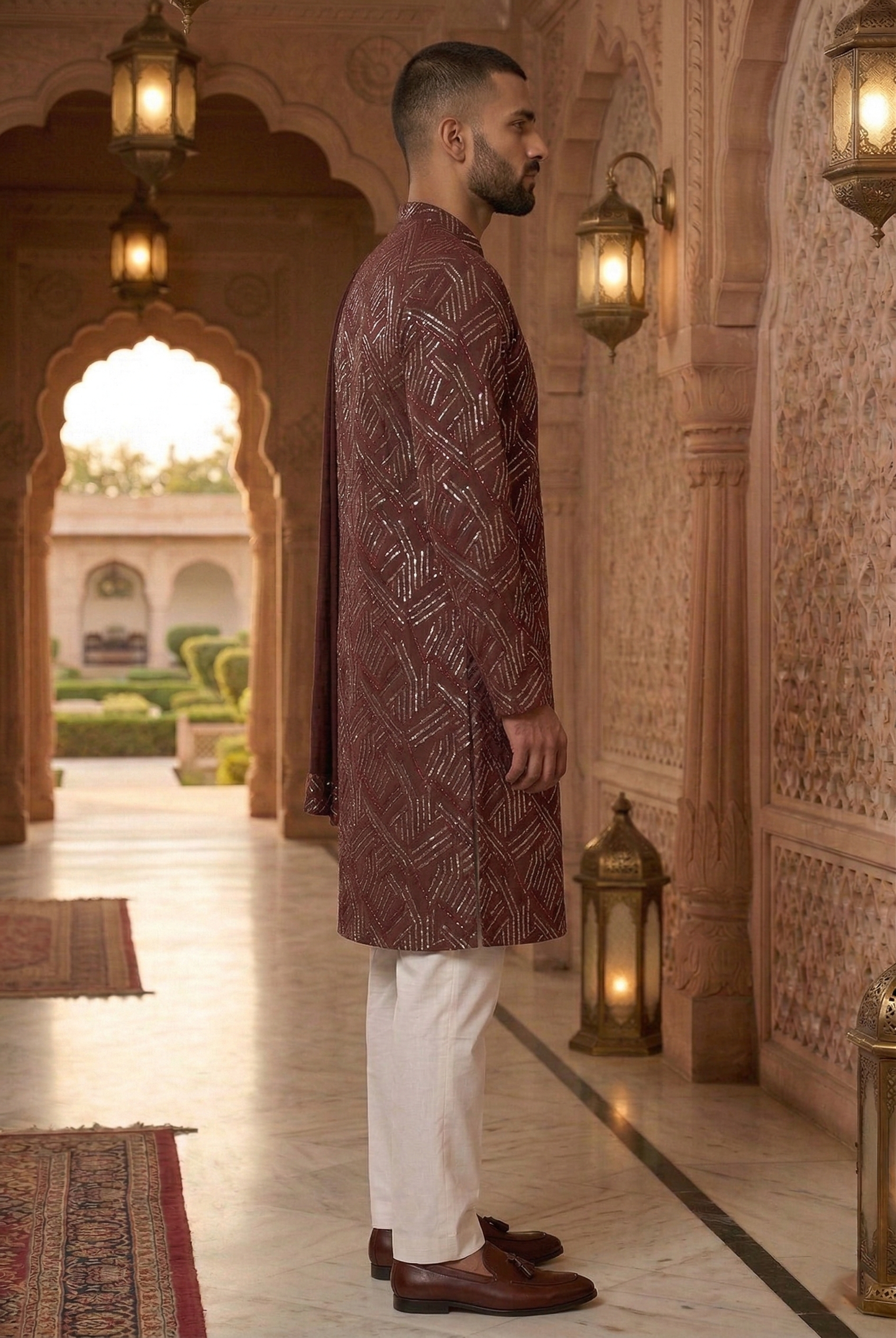 Wine Geometric Foil Print Partywear Kurta Pajama Set