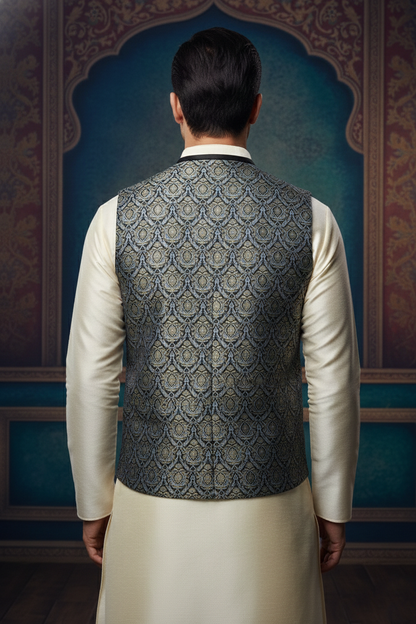 Men's Luxury Jacquard Banarasi Silk Waistcoat | Slim Fit V-Neck Ethnic Jacket for Wedding, Party & Festive Wear | Premium Floral Brocade Design
