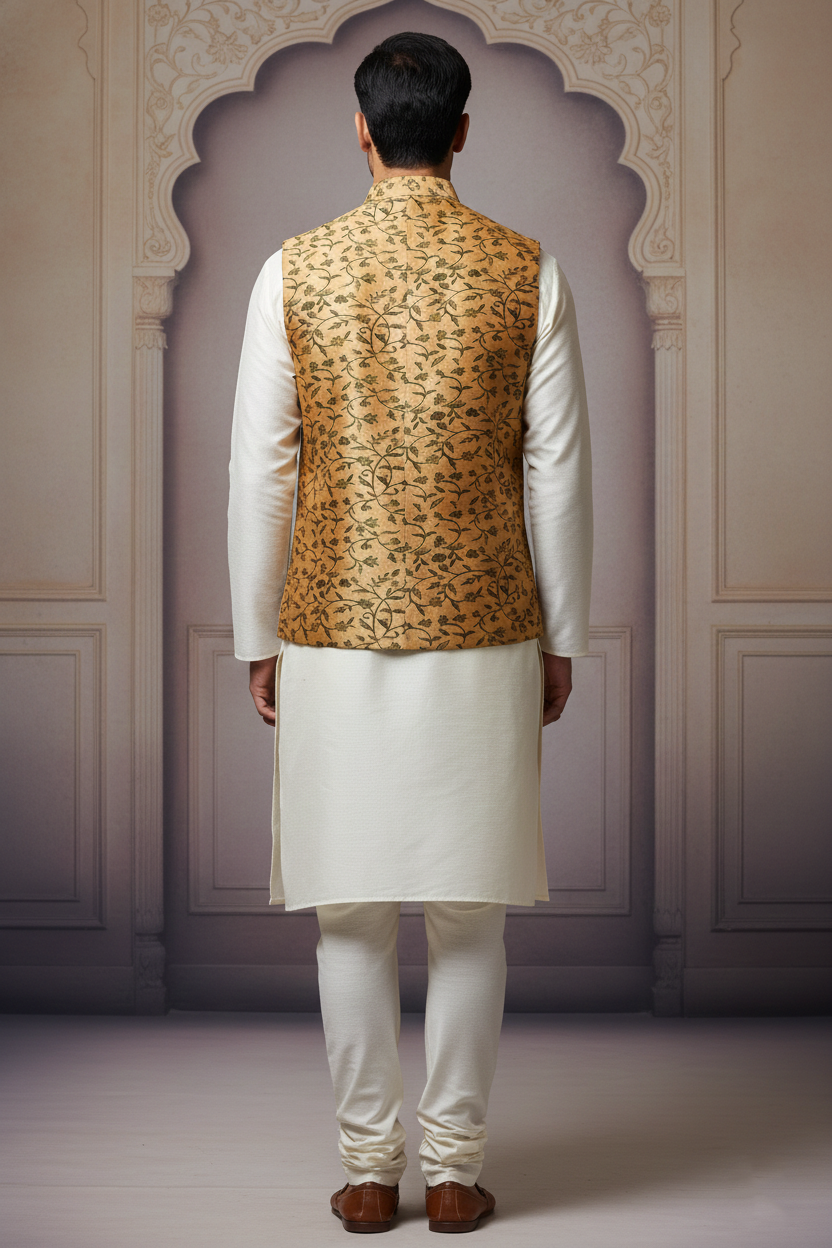 Gilded Foliage: The Golden Silk Brocade Nehru Jacket