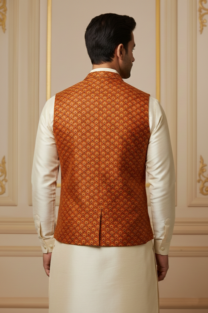 Men’s Red Nehru Jacket with Yellow Dots Work | Festive Ethnic Waistcoat for Weddings & Celebrations