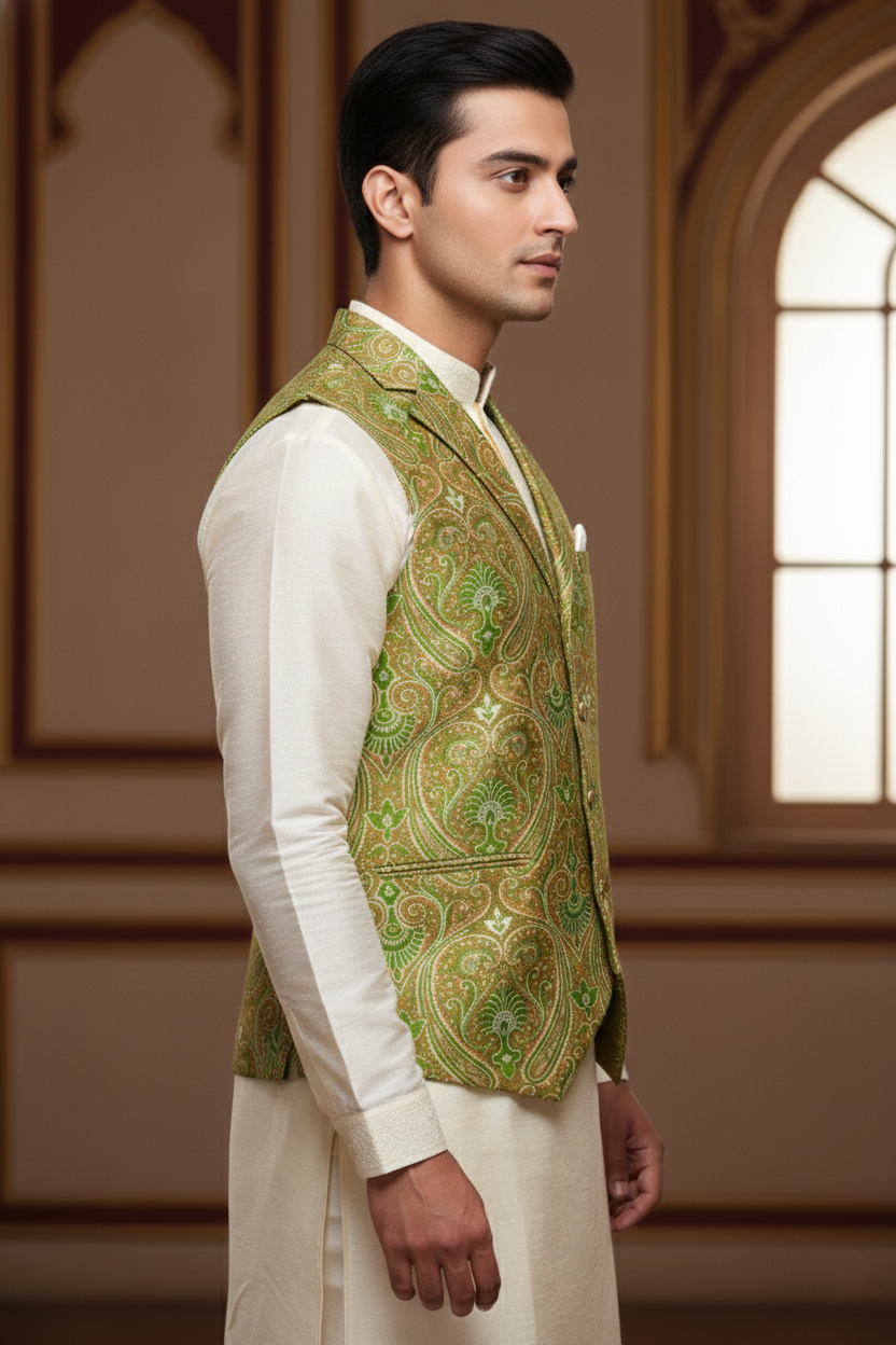 Men’s Green Brocade Nehru Jacket | Ethnic Wedding Festive Party Wear Mandarin Collar Sleeveless Waistcoat for Kurta & Indo-Western Outfit