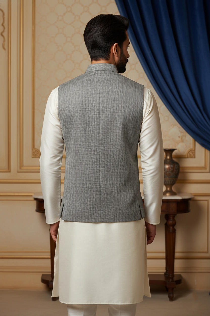 Men’s Grey Textured Nehru Jacket & Cream  Kurta Set