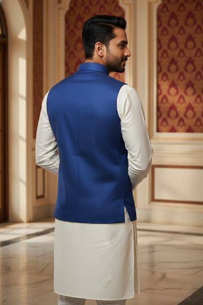 Men’s Dark Blue Nehru Jacket with Subtle Textured Work | Ethnic Waistcoat
