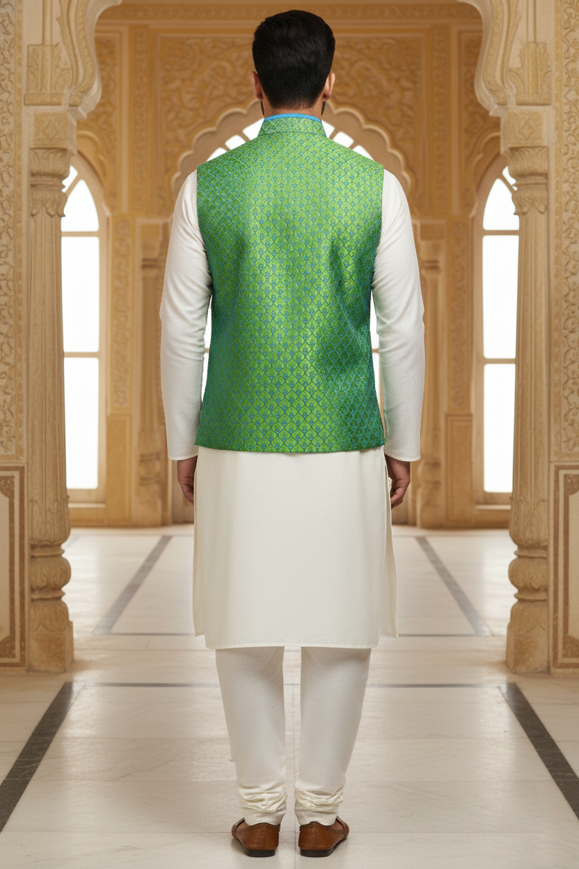 Men’s Green Nehru Jacket with Blue Contrast Piping & Pocket Square | Ethnic Waistcoat