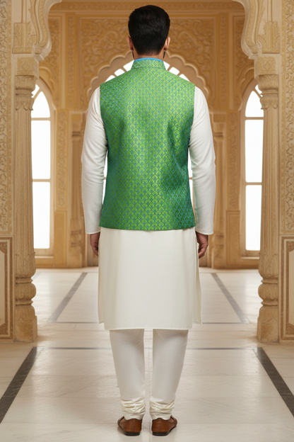 Men’s Green Nehru Jacket with Blue Contrast Piping & Pocket Square | Ethnic Waistcoat