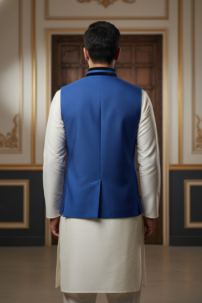 Men’s Dark Blue Nehru Jacket with Black Piping | Designer Ethnic Waistcoat