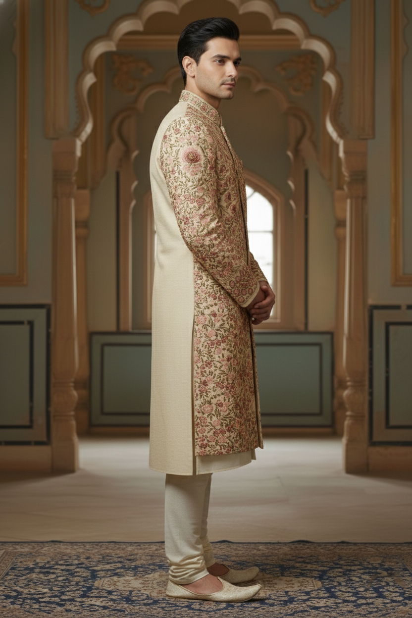 Beige Sherwani with Multicolor Embroidery
