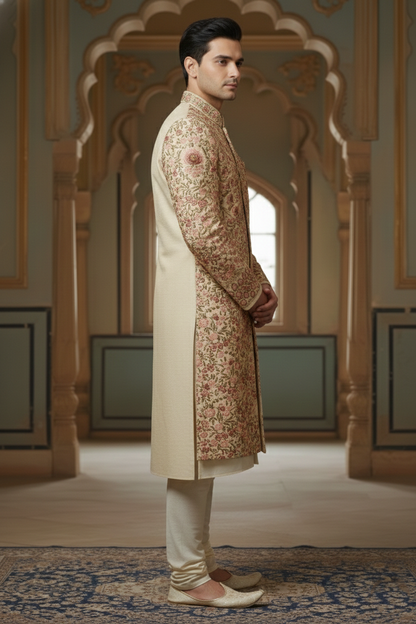 Beige Sherwani with Multicolor Embroidery