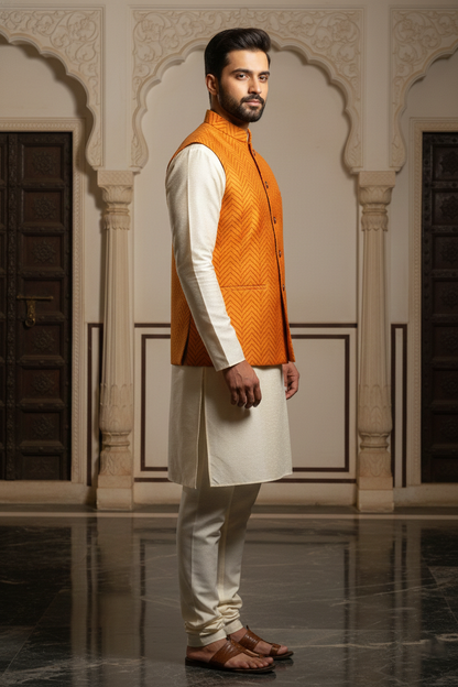 Men’s Orange Textured Nehru Jacket