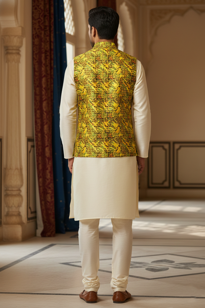 Sun-Drenched Citron: The Radiant Geometric Nehru Jacket