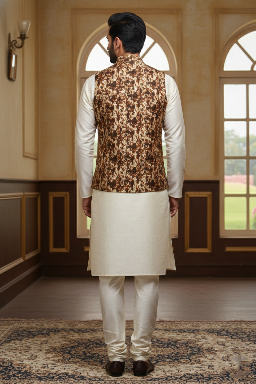 Men’s Printed Ethnic Nehru Jacket | Traditional Buttoned Waistcoat for Kurta | Festive & Wedding Wear Sleeveless Vest