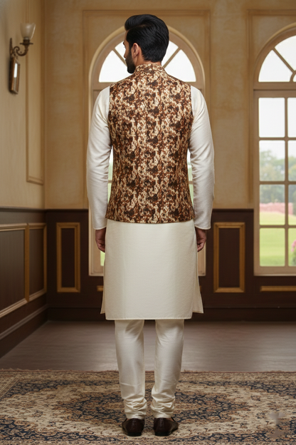 Men’s Printed Ethnic Nehru Jacket | Traditional Buttoned Waistcoat for Kurta | Festive & Wedding Wear Sleeveless Vest