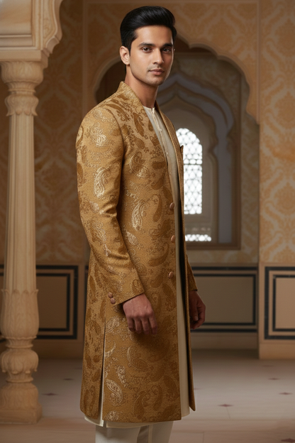 Men'sGold Paisley Embroidered Sherwani