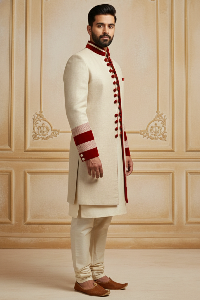 Cream Sherwani with Red Accents