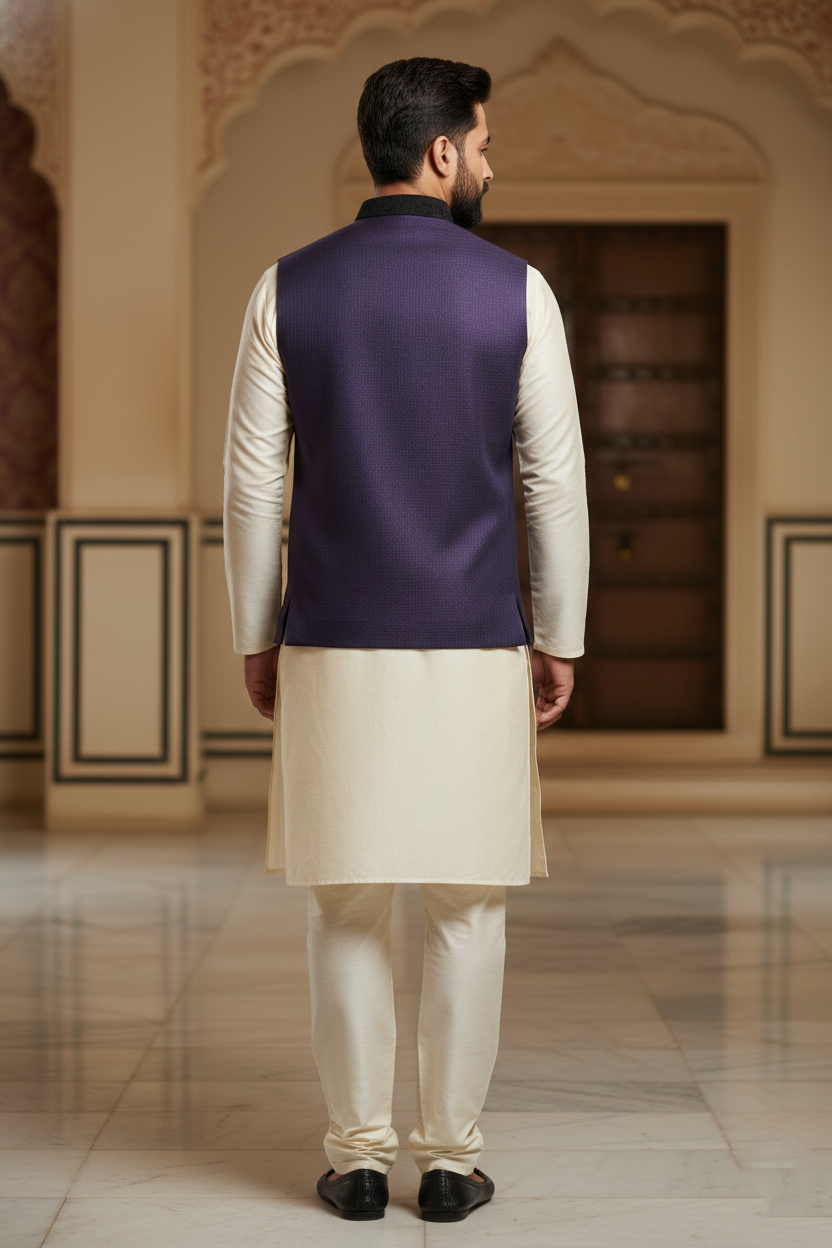 Men's Royal Purple Textured Nehru Jacket – Luxury Velvet Trim Ethnic Waistcoat for Weddings & Parties
