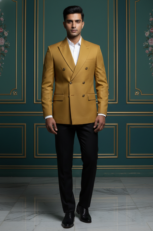Men'sPremium Mustard Yellow Double-Breasted Blazer , Luxury Slim-Fit Formal Peak Lapel Jacket