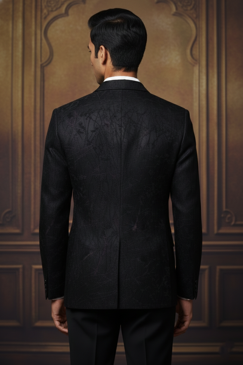 Black Textured Blazer with Abstract Pattern & Notched Lapel