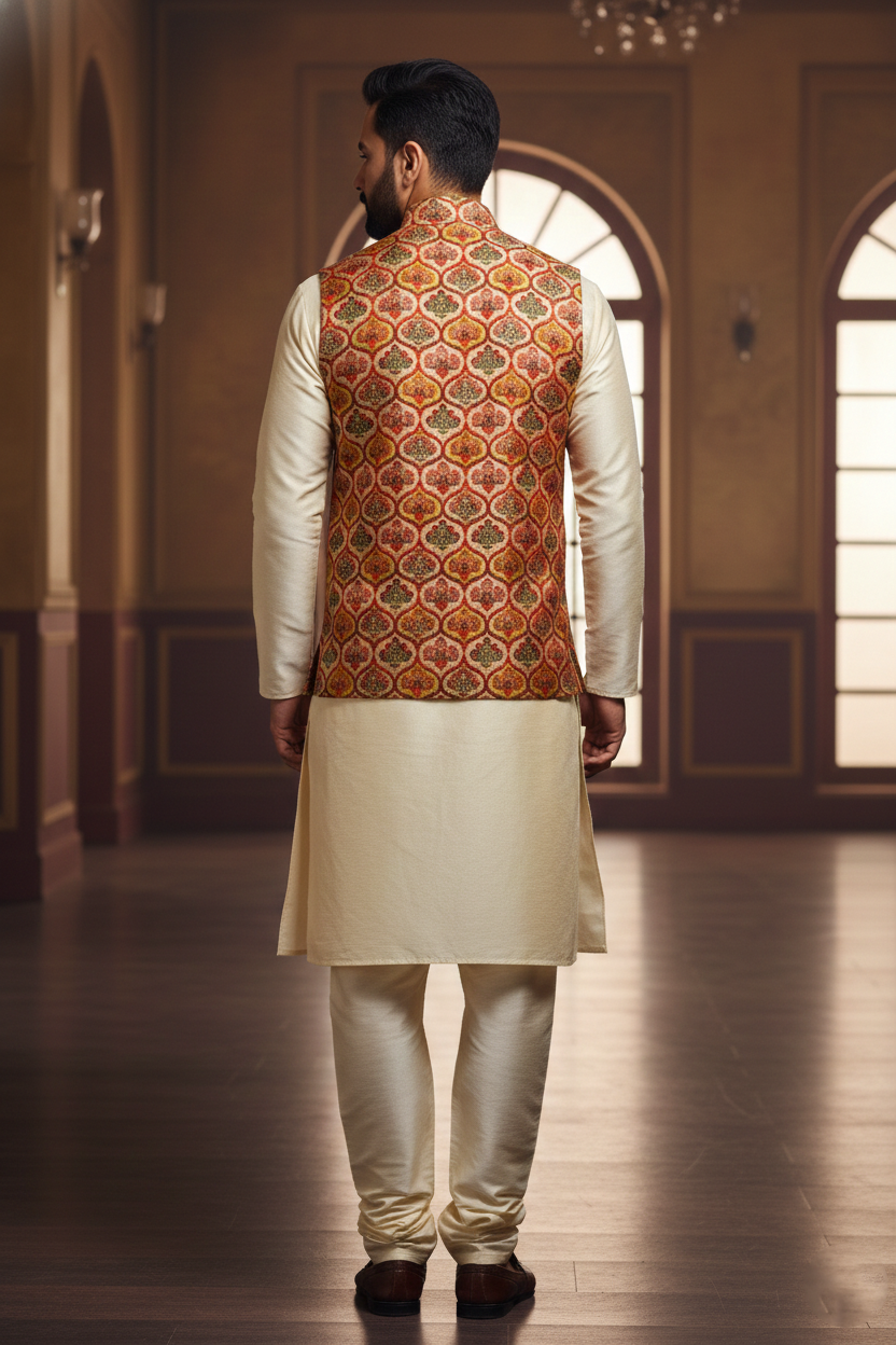 Title: The Art of Regality: Contemporary Printed Bundi and Silk Kurta Set