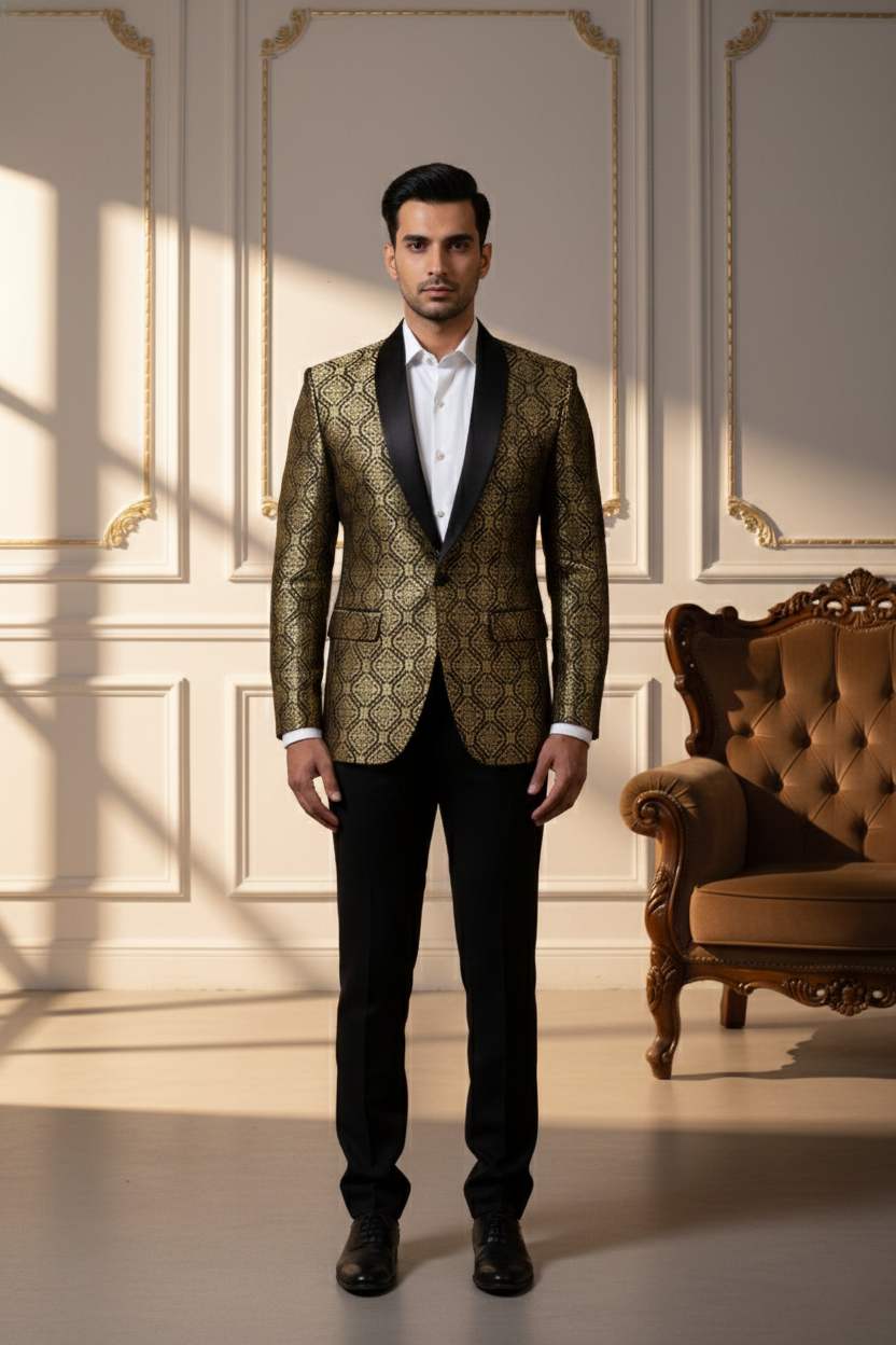 Men's Royal Gold & Black Banarasi Brocade Tuxedo Blazer , Slim Fit Evening Tux with Shawl Lapel