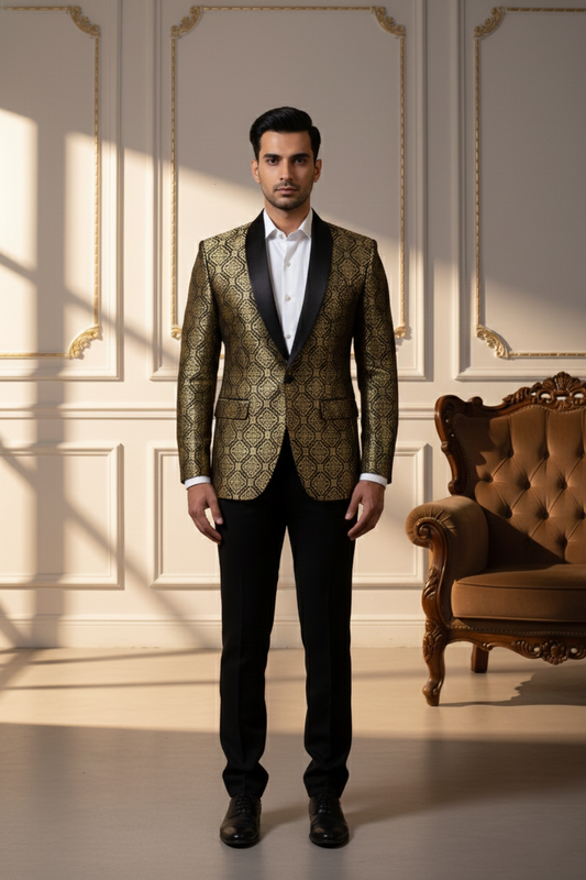 Men's Royal Gold & Black Banarasi Brocade Tuxedo Blazer , Slim Fit Evening Tux with Shawl Lapel