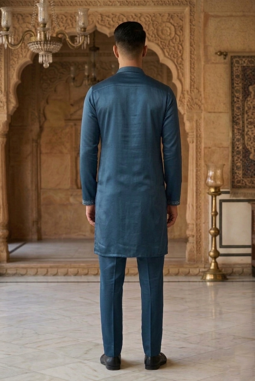 Men's Teal Silk Pintuck Partywear Kurta Pajama
